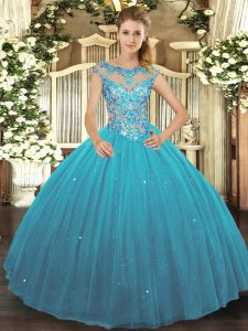 Teal Ball Gowns Tulle Scoop Sleeveless Beading Floor Length Lace Up Quinceanera Gown