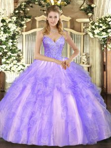 Lavender Ball Gowns Beading and Ruffles Quinceanera Dress Lace Up Tulle Sleeveless Floor Length