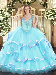 Fabulous Ruffled Layers Sweet 16 Dress Aqua Blue Lace Up Sleeveless Floor Length