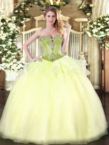 Fantastic Light Yellow Lace Up Ball Gown Prom Dress Beading Sleeveless Floor Length
