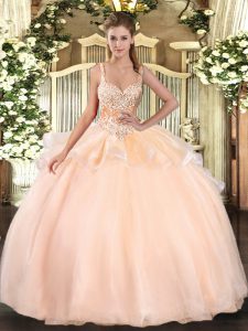 Peach Ball Gowns Straps Sleeveless Organza Floor Length Lace Up Beading Sweet 16 Quinceanera Dress