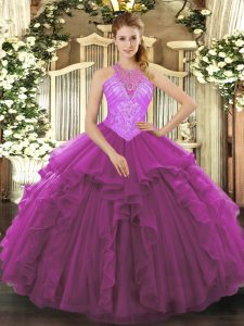 On Sale Sleeveless Lace Up Floor Length Beading and Ruffles Quince Ball Gowns