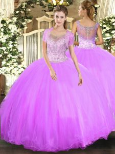 Stunning Scoop Sleeveless Sweet 16 Dress Floor Length Beading Lilac Tulle