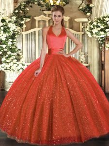 Nice Rust Red Tulle Lace Up Halter Top Sleeveless Floor Length Quinceanera Gowns Sequins