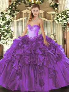 Charming Purple Organza Lace Up Vestidos de Quinceanera Sleeveless Floor Length Beading and Ruffles