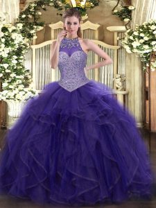 Modern Tulle Halter Top Sleeveless Lace Up Beading and Ruffled Layers Sweet 16 Quinceanera Dress in Purple