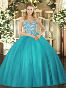 Superior Teal Straps Lace Up Beading and Ruffles Sweet 16 Dress Sleeveless