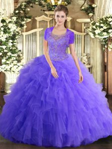 Lavender Quinceanera Gown Military Ball and Sweet 16 and Quinceanera with Beading and Ruffled Layers Scoop Sleeveless Clasp Handle