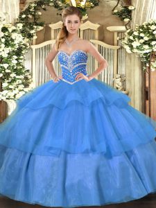 Modest Blue Sleeveless Beading and Ruffled Layers Floor Length Quinceanera Gowns