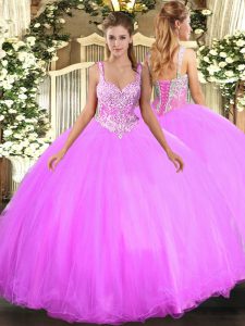 Lilac Straps Lace Up Beading 15th Birthday Dress Sleeveless