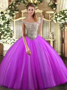 Admirable Off The Shoulder Sleeveless Lace Up Vestidos de Quinceanera Fuchsia Tulle