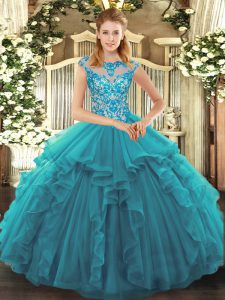 Colorful Teal Ball Gowns Ruffles Vestidos de Quinceanera Lace Up Organza Cap Sleeves