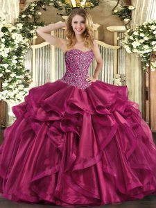 Floor Length Lace Up Quinceanera Dresses Wine Red for Military Ball and Sweet 16 and Quinceanera with Beading and Ruffles