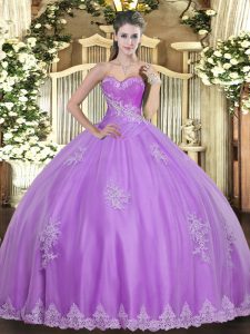 Exceptional Floor Length Lace Up Quinceanera Dresses Lilac for Military Ball and Sweet 16 and Quinceanera with Beading and Appliques