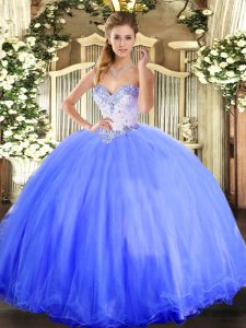 Beading Quince Ball Gowns Blue Lace Up Sleeveless Floor Length