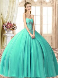 Turquoise Ball Gowns Tulle Sweetheart Sleeveless Beading Floor Length Lace Up Quinceanera Gowns