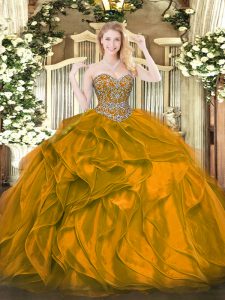 Orange Organza Lace Up Sweetheart Sleeveless Floor Length Sweet 16 Dresses Beading and Ruffles