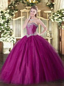 Inexpensive Fuchsia Sleeveless Tulle Lace Up Ball Gown Prom Dress for Military Ball and Sweet 16 and Quinceanera