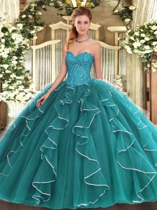 Hot Selling Ball Gowns Sweet 16 Dresses Teal Sweetheart Tulle Sleeveless Floor Length Lace Up
