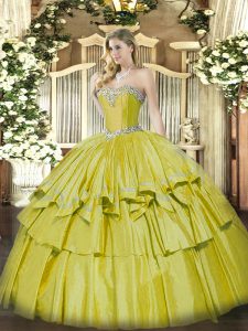 Dazzling Yellow Sleeveless Beading and Ruffled Layers Floor Length 15th Birthday Dress