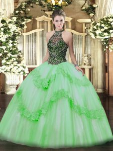 Taffeta and Tulle Halter Top Sleeveless Lace Up Beading and Appliques 15th Birthday Dress in