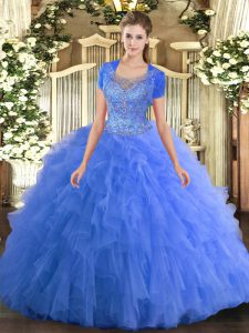 Floor Length Baby Blue Quinceanera Dresses Tulle Sleeveless Beading and Ruffled Layers