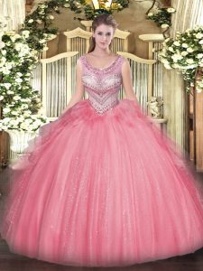 Noble Scoop Sleeveless Lace Up Quinceanera Gowns Watermelon Red Tulle