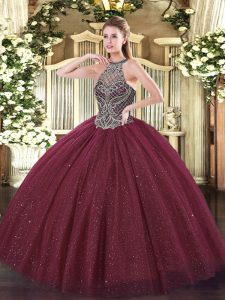 Noble Sleeveless Tulle Floor Length Lace Up Quinceanera Gown in Burgundy with Beading