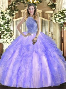 Suitable Ball Gowns Sweet 16 Dress Lavender High-neck Tulle Sleeveless Floor Length Lace Up