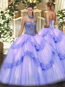 Stylish Lavender Sleeveless Floor Length Beading and Appliques and Ruffles Lace Up Sweet 16 Quinceanera Dress