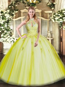 Halter Top Sleeveless Lace Up Vestidos de Quinceanera Yellow Green Tulle
