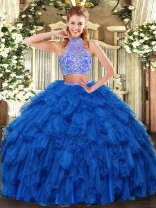 Royal Blue Halter Top Criss Cross Beading and Ruffles Quinceanera Gown Sleeveless