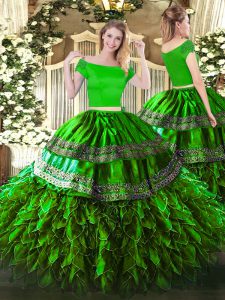 Smart Green Short Sleeves Organza and Taffeta Zipper Sweet 16 Dress for Military Ball and Sweet 16 and Quinceanera