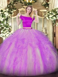 Pretty Short Sleeves Floor Length Appliques and Ruffles Zipper Sweet 16 Quinceanera Dress with Lilac