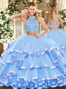 Aqua Blue Two Pieces Halter Top Sleeveless Tulle Floor Length Criss Cross Beading and Ruffled Layers Quince Ball Gowns