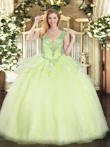Tulle V-neck Sleeveless Lace Up Beading Sweet 16 Dresses in Yellow Green