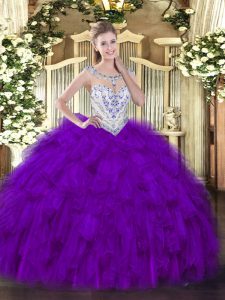 Hot Selling Sleeveless Tulle Floor Length Zipper 15th Birthday Dress in Purple with Beading and Ruffles