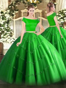 Floor Length Green Sweet 16 Quinceanera Dress Off The Shoulder Short Sleeves Zipper
