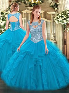 Noble Floor Length Blue 15th Birthday Dress Scoop Sleeveless Lace Up