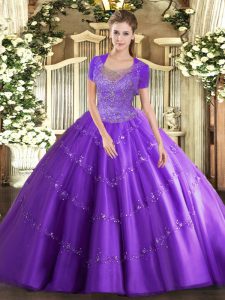 Glamorous Floor Length Clasp Handle Vestidos de Quinceanera Lavender for Military Ball and Sweet 16 and Quinceanera with Beading and Appliques