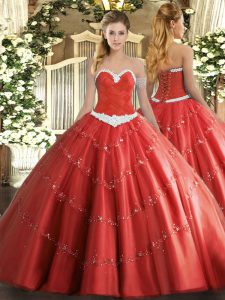 Sleeveless Floor Length Appliques Lace Up Quinceanera Gowns with Coral Red