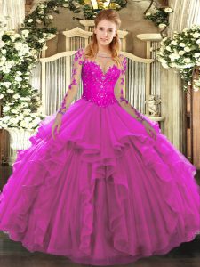Super Tulle Long Sleeves Floor Length Quinceanera Dresses and Lace and Ruffles