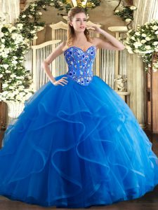 Vintage Tulle Scoop Sleeveless Lace Up Embroidery and Ruffles Quince Ball Gowns in Royal Blue