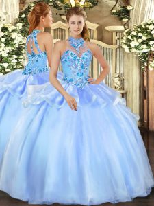 Baby Blue Sleeveless Organza Lace Up 15th Birthday Dress for Military Ball and Sweet 16 and Quinceanera