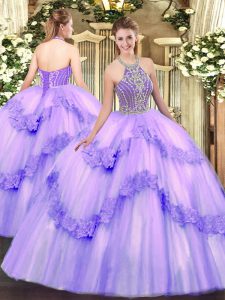 Fine Lavender Ball Gowns Tulle Halter Top Sleeveless Beading and Appliques Floor Length Lace Up Quinceanera Gowns
