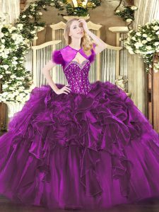 Chic Floor Length Ball Gowns Sleeveless Purple Quinceanera Gown Lace Up