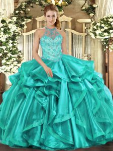 Classical Turquoise Quinceanera Gowns Military Ball and Sweet 16 and Quinceanera with Beading and Embroidery and Ruffles Halter Top Sleeveless Lace Up