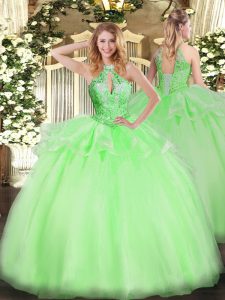 Ball Gowns Halter Top Sleeveless Organza Floor Length Lace Up Beading Quinceanera Dresses