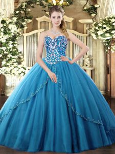 Designer Blue Lace Up Sweetheart Beading Quinceanera Gowns Tulle Sleeveless Brush Train