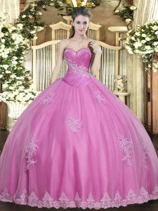 Rose Pink Tulle Lace Up Sweetheart Sleeveless Floor Length Quince Ball Gowns Beading and Appliques